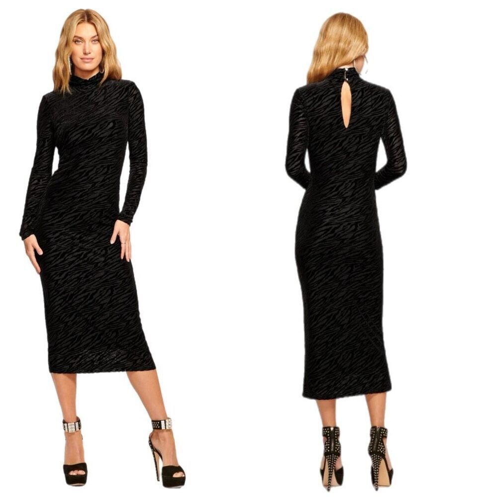 NWT Ramy Brook black velvet dévore, long-sleeved, midi-length, “Hayley” dress  S